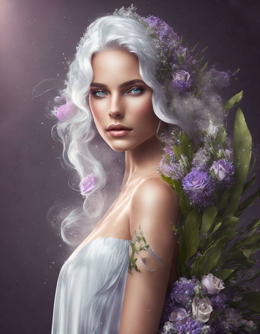 Illustration of woman with pale skin, blue eyes, white hair, adorned with purple flowers on purple