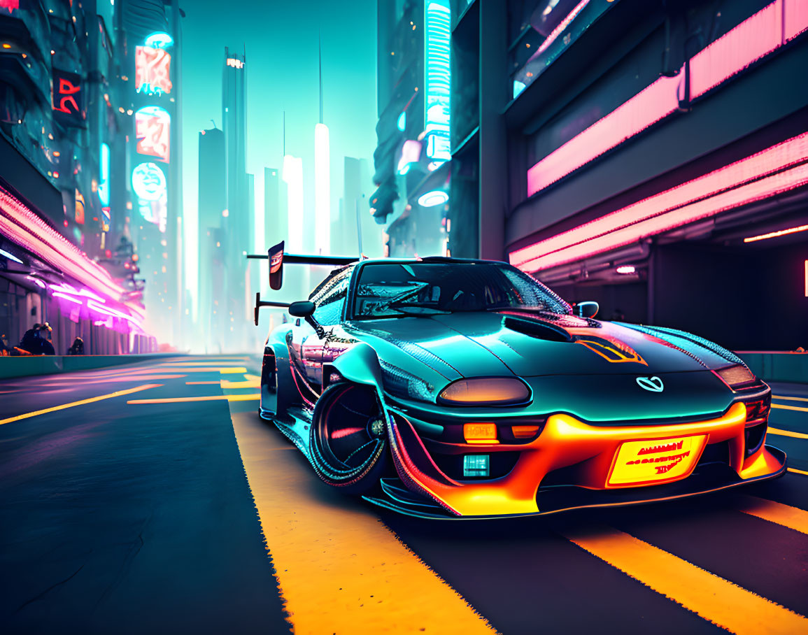 Futuristic city street with sleek sports car and neon highlights