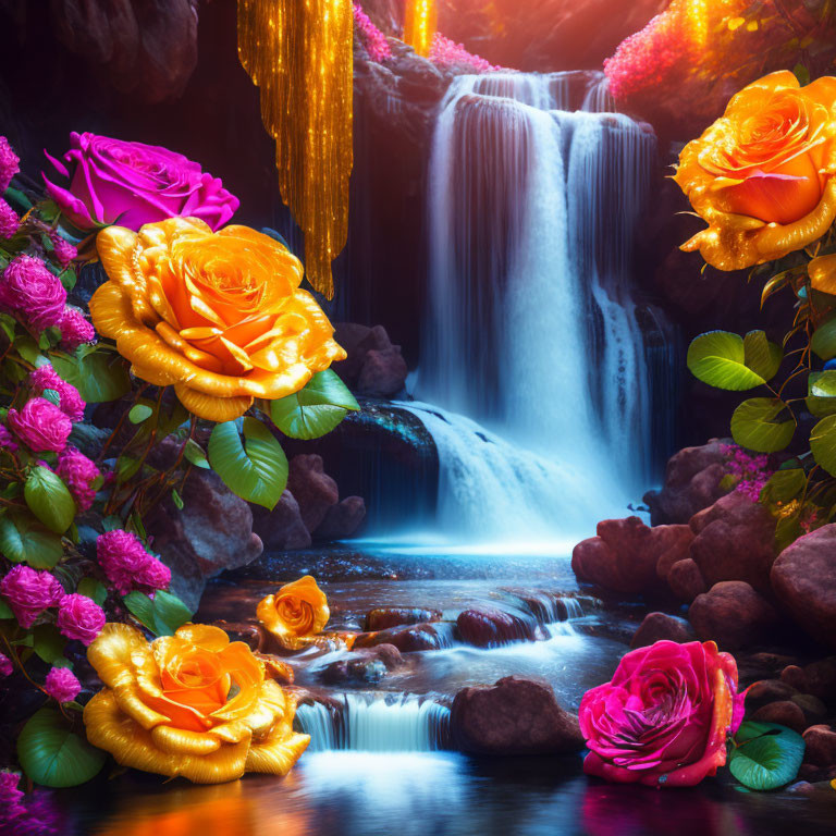 Vibrant waterfall scene with glowing roses and golden ribbons