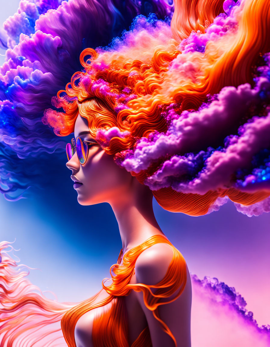 Colorful Digital Art: Woman with Orange Hair and Clouds on Blue Purple Background