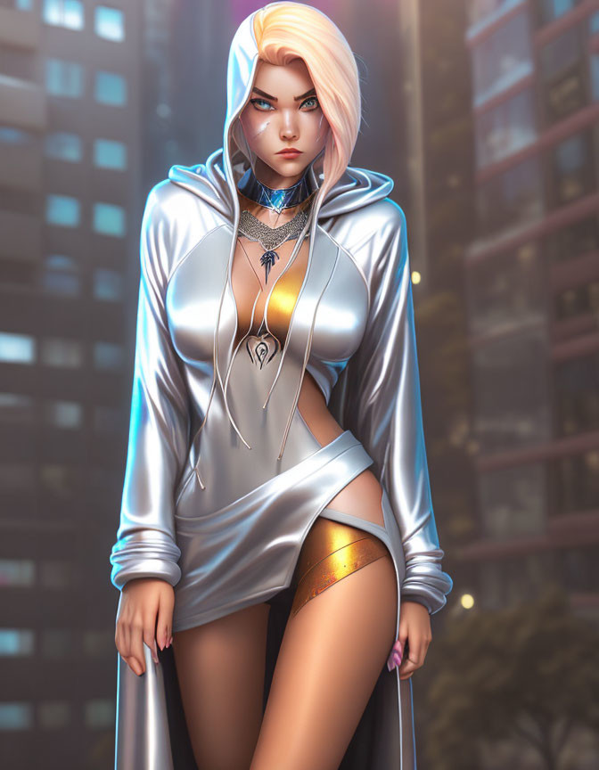 Futuristic silver-clad female character with glowing elements in urban setting