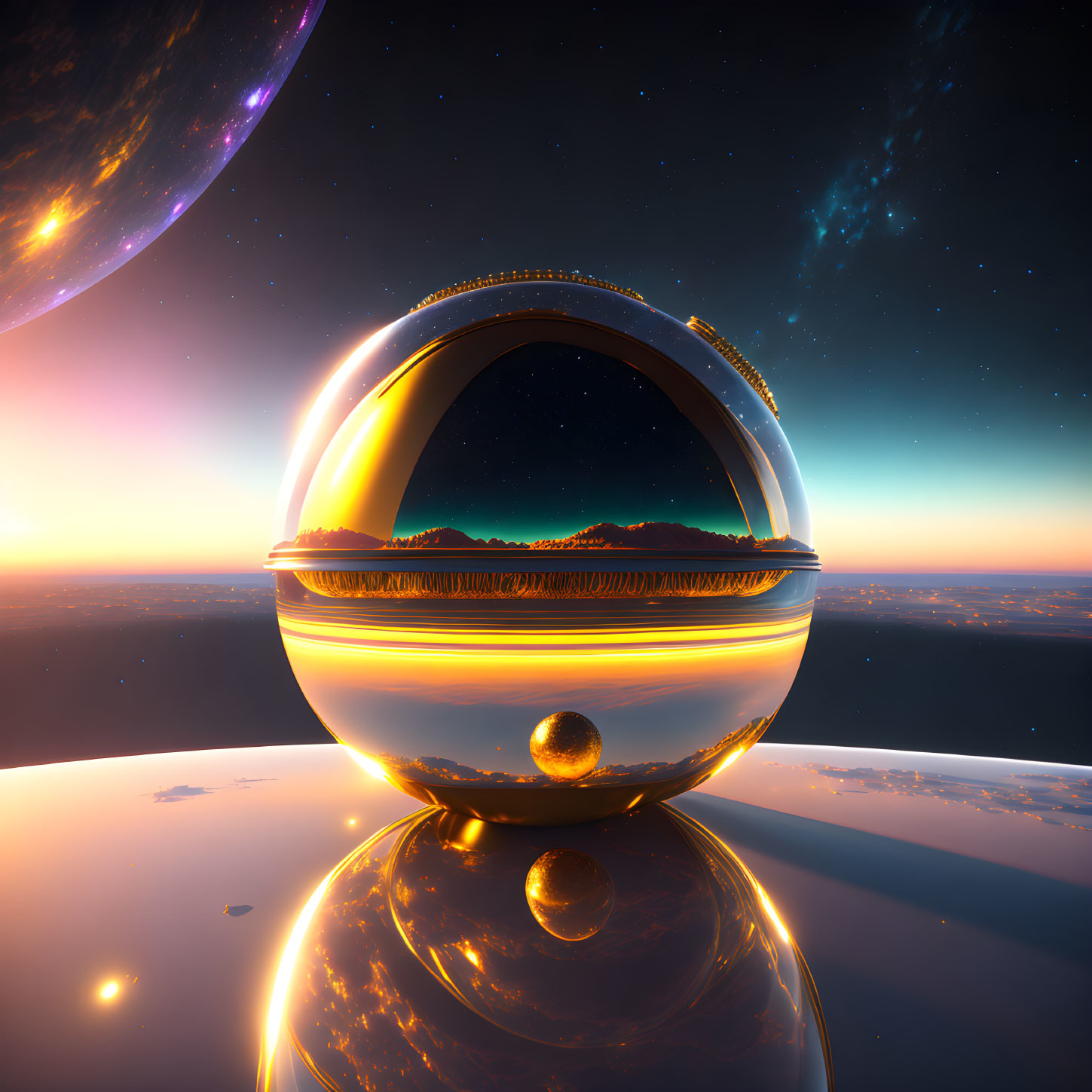 Reflective futuristic sphere hovering over planet at sunset