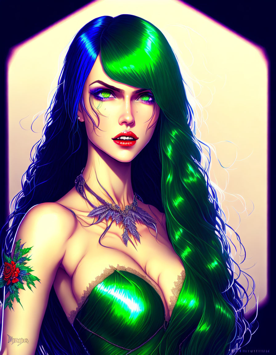 Digital artwork featuring woman with green hair, red eyes, corset, dragon necklace & rose tattoo