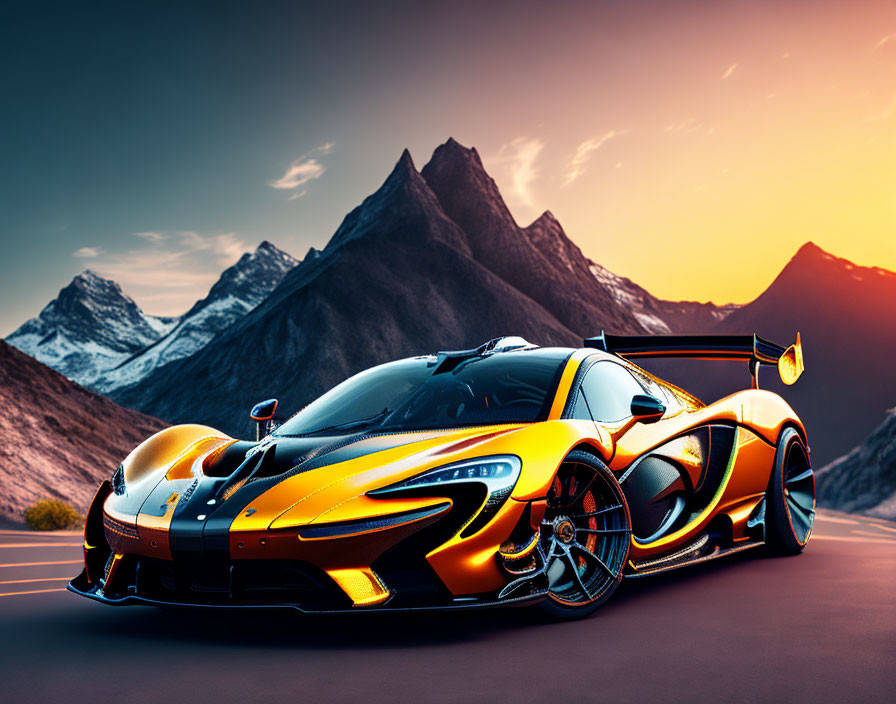 Sleek Orange and Black Sports Car Parked Against Majestic Mountain Range