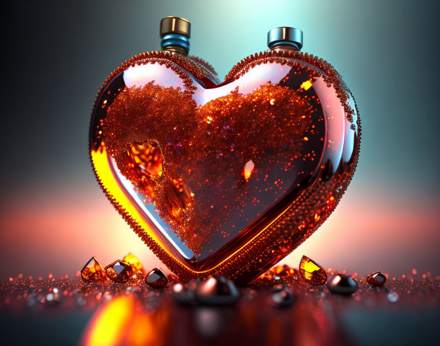 Heart-shaped bottle with amber particles on gradient background