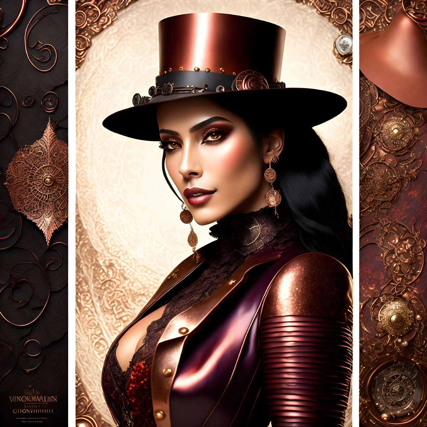 Steampunk-inspired woman illustration with top hat, ornate earrings, and mechanical corset.