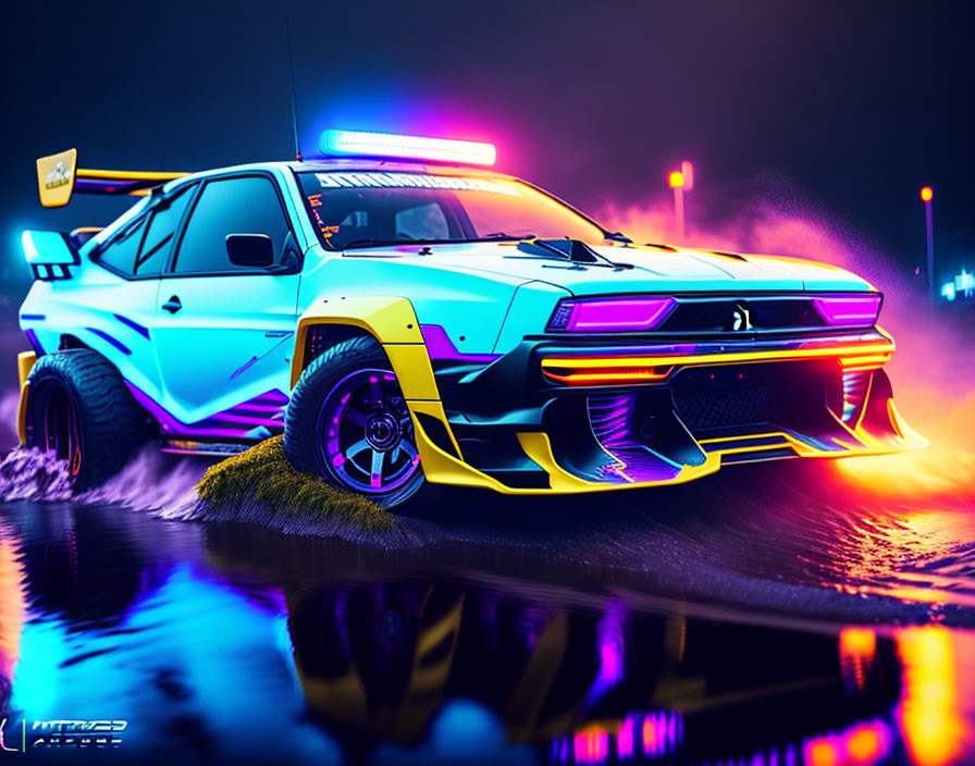 Custom sports car with neon underglow lights on wet surface at night