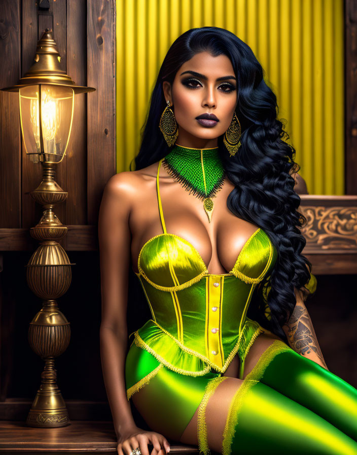 Woman in vibrant green corset with ornate jewelry and makeup posing next to vintage lamp