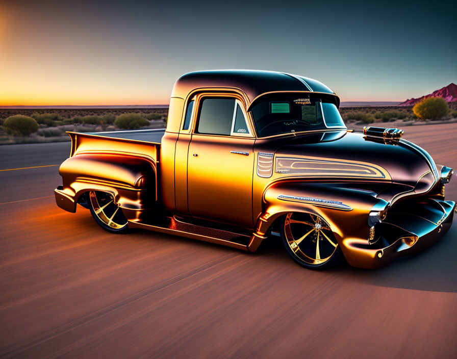 Vintage Truck with Glossy Orange Paint Speeding on Highway at Sunset