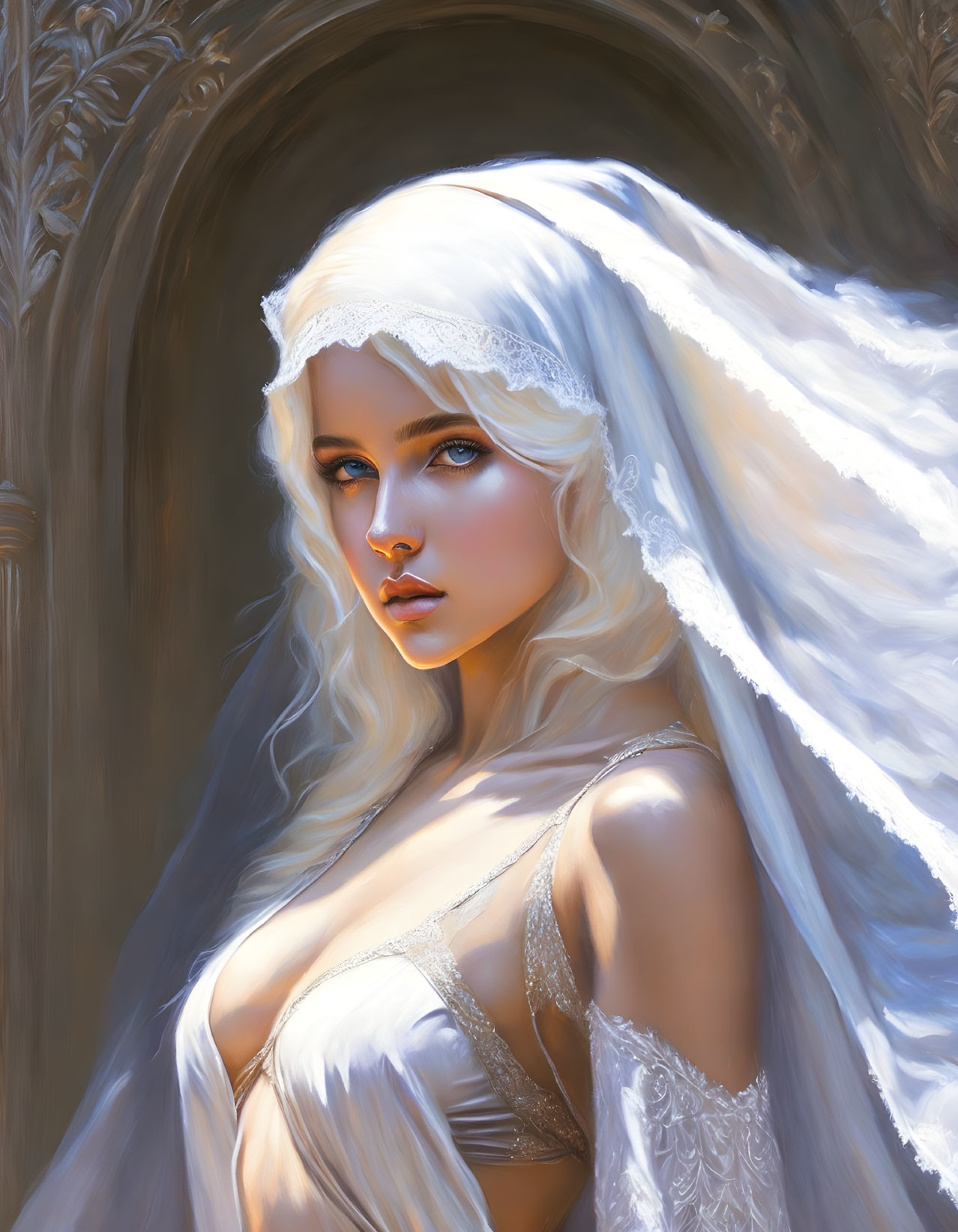 Portrait of Woman with Blue Eyes and Platinum Blonde Hair in White Veil and Gown