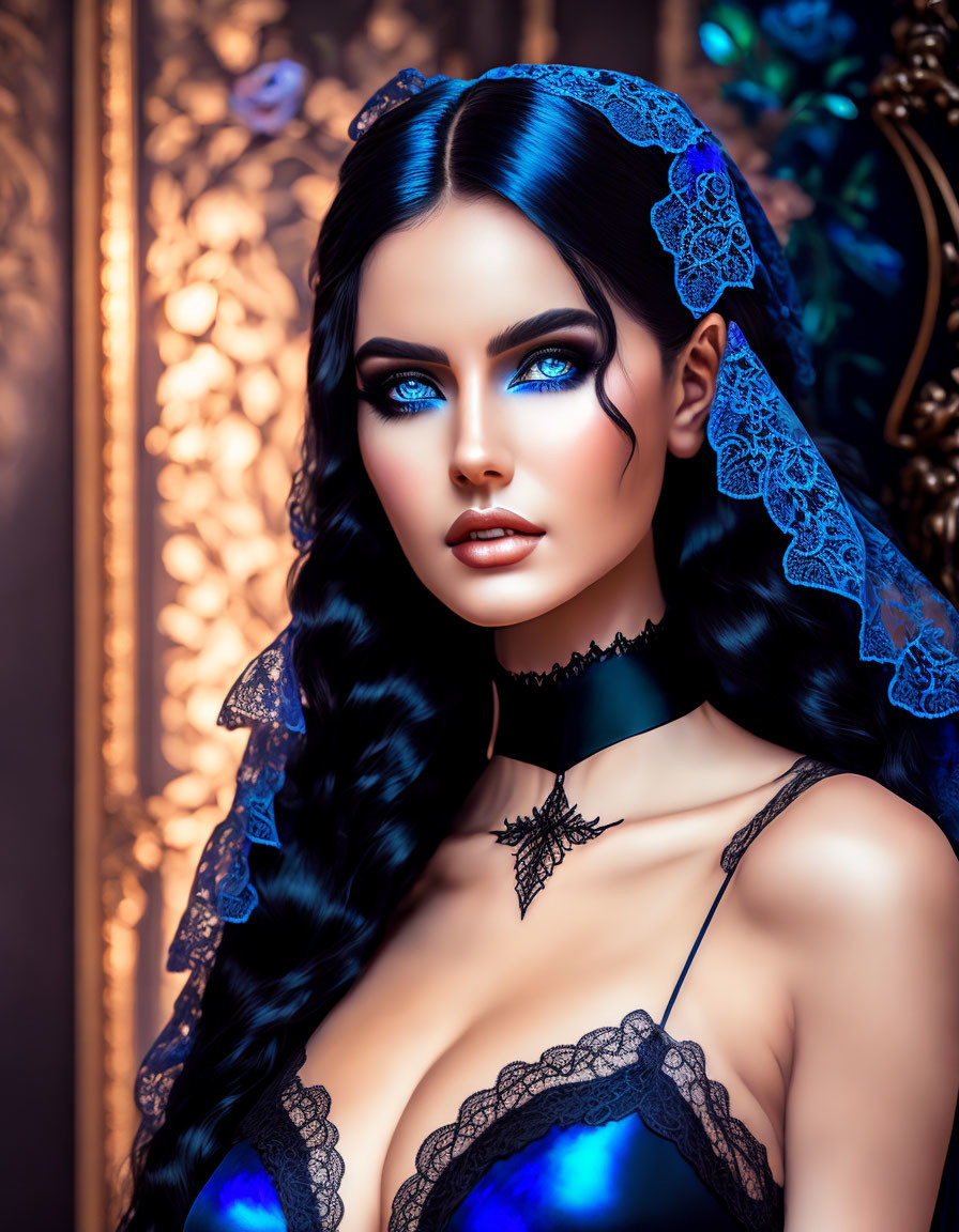 Woman with long black hair in midnight blue dress and choker necklace