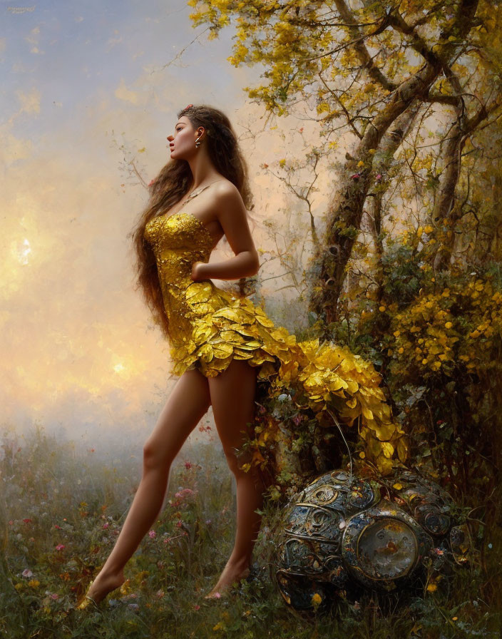 Golden dress woman surrounded by flowers and mist, next to ornate sphere