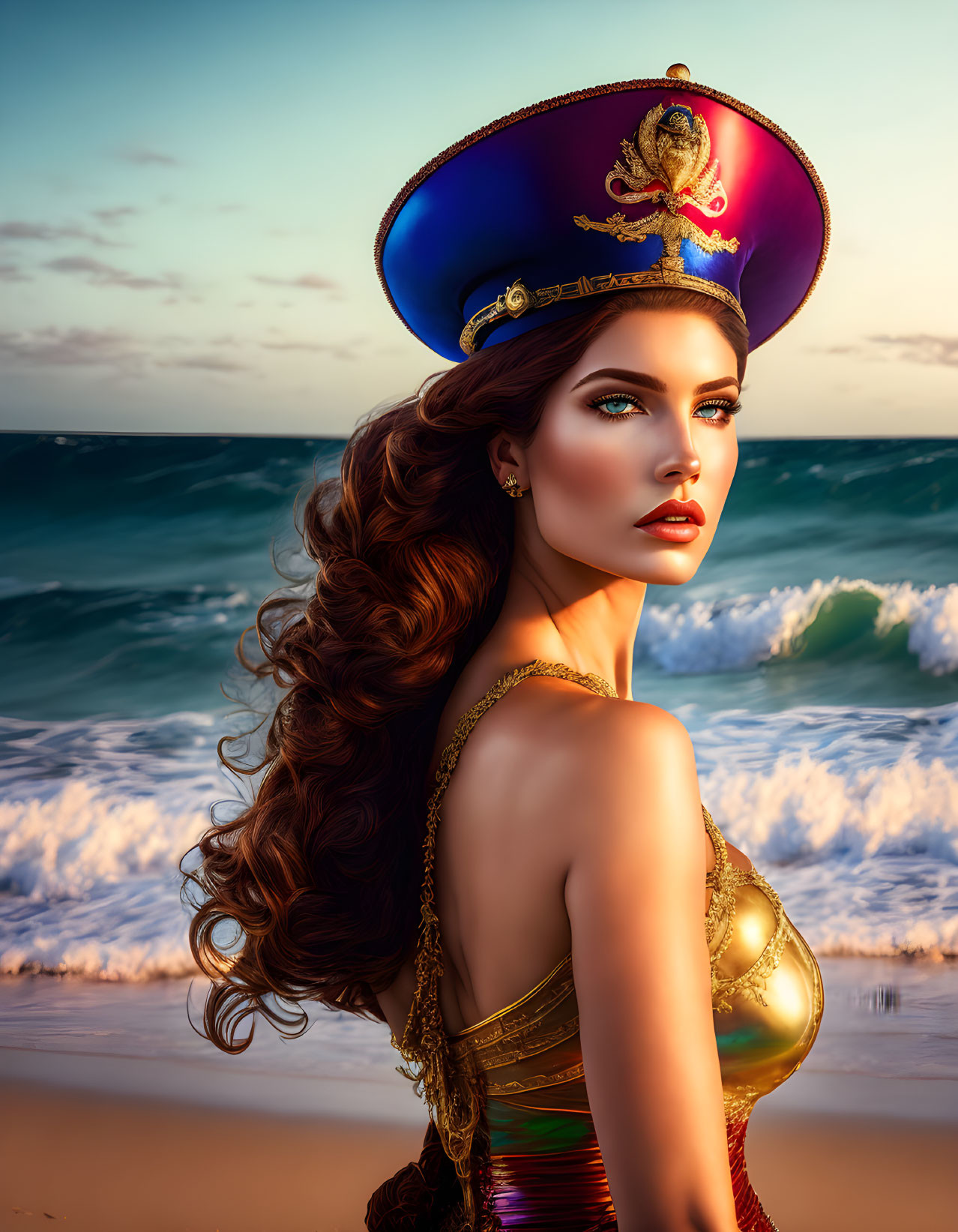 Digital artwork of woman with long wavy hair in military-style cap at beach