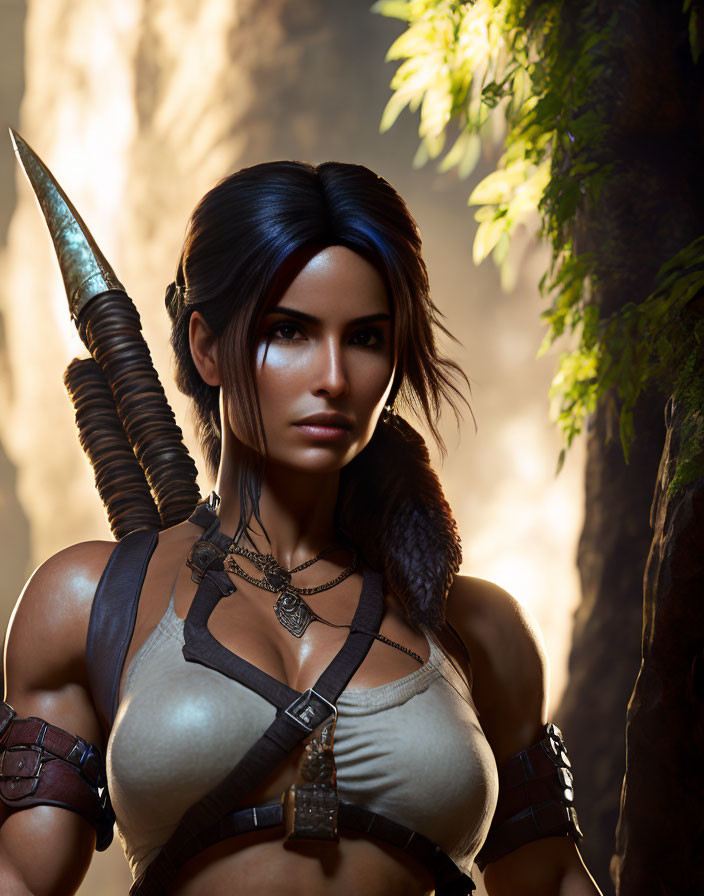 Female warrior digital illustration: dark hair, spear,, armor, jungle backdrop