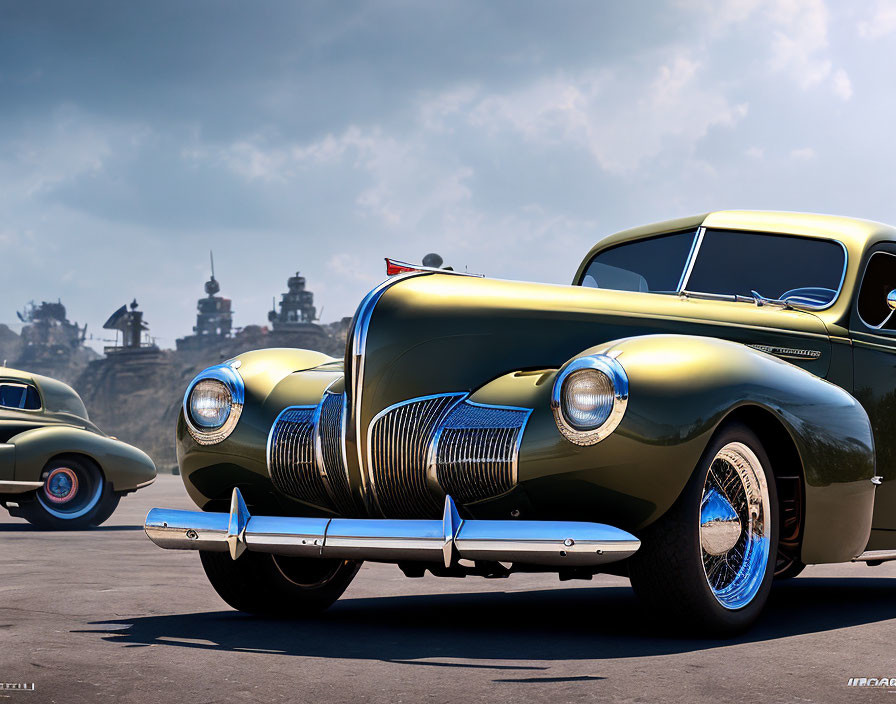 Vintage cars parked on tarmac with industrial backdrop