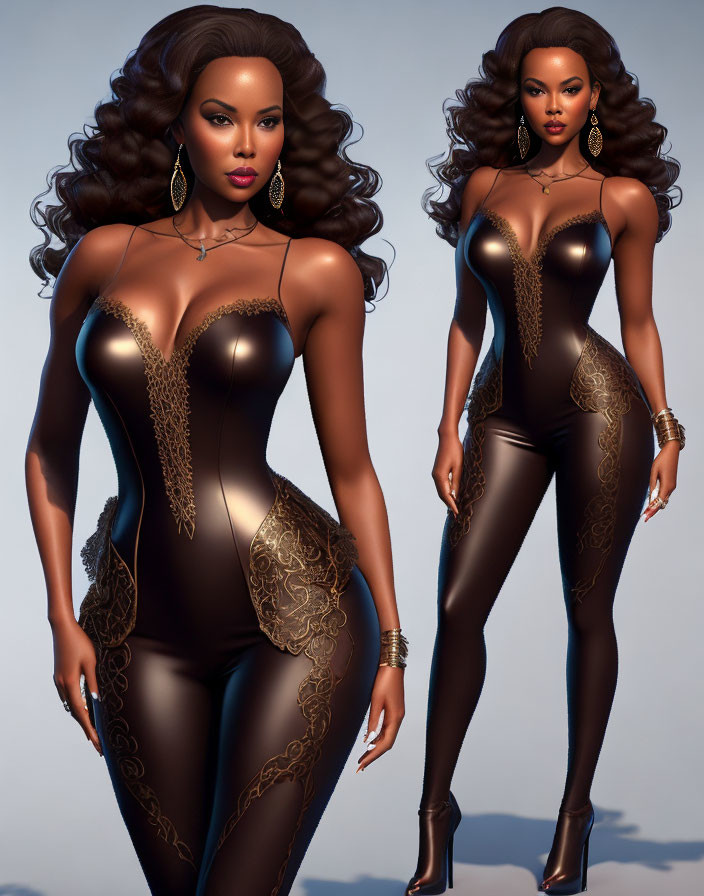 Detailed 3D illustration of woman in ornate bodysuit with voluminous hair