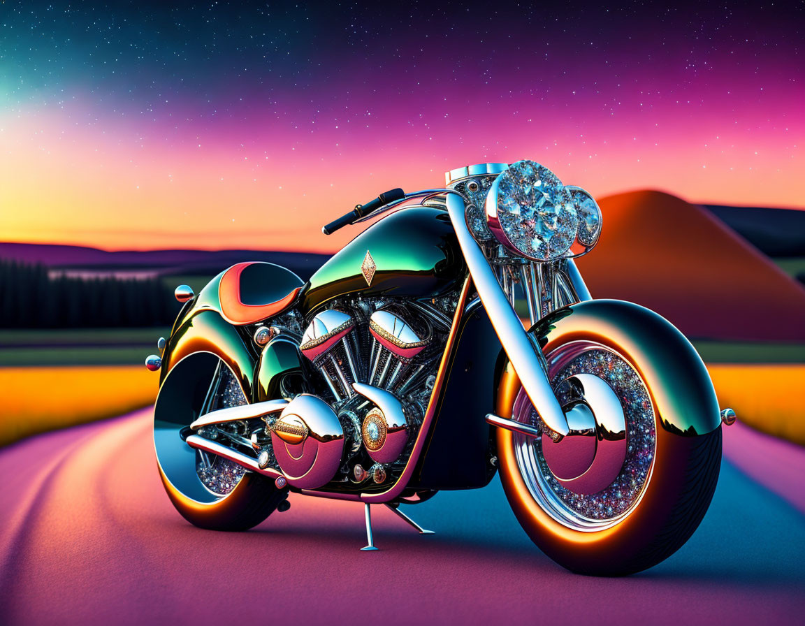 Colorful futuristic motorcycle against sunset backdrop in surreal landscape