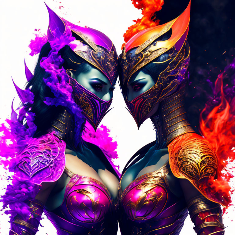 Symmetrical warrior women in purple and golden helmets breathing elements