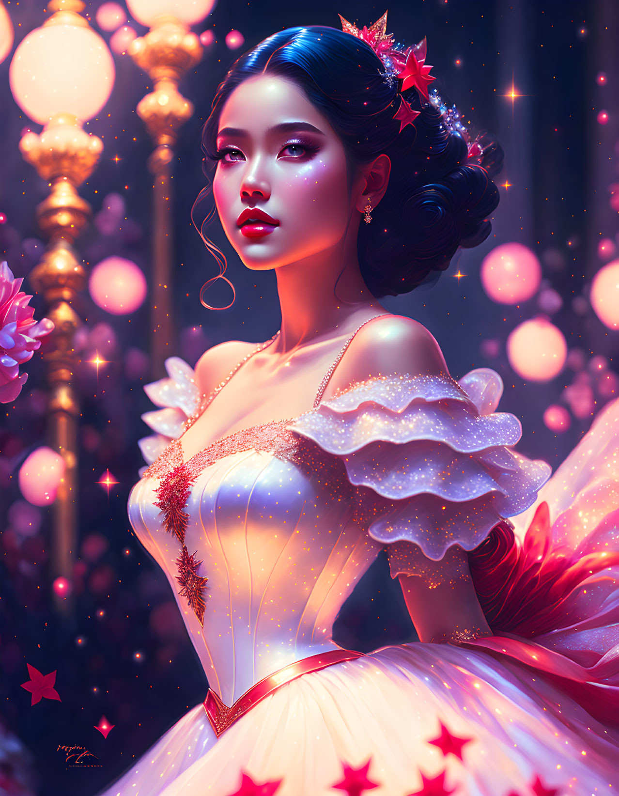 Fantasy-themed digital artwork of a woman with elaborate hairstyle and star-adorned dress surrounded by glowing