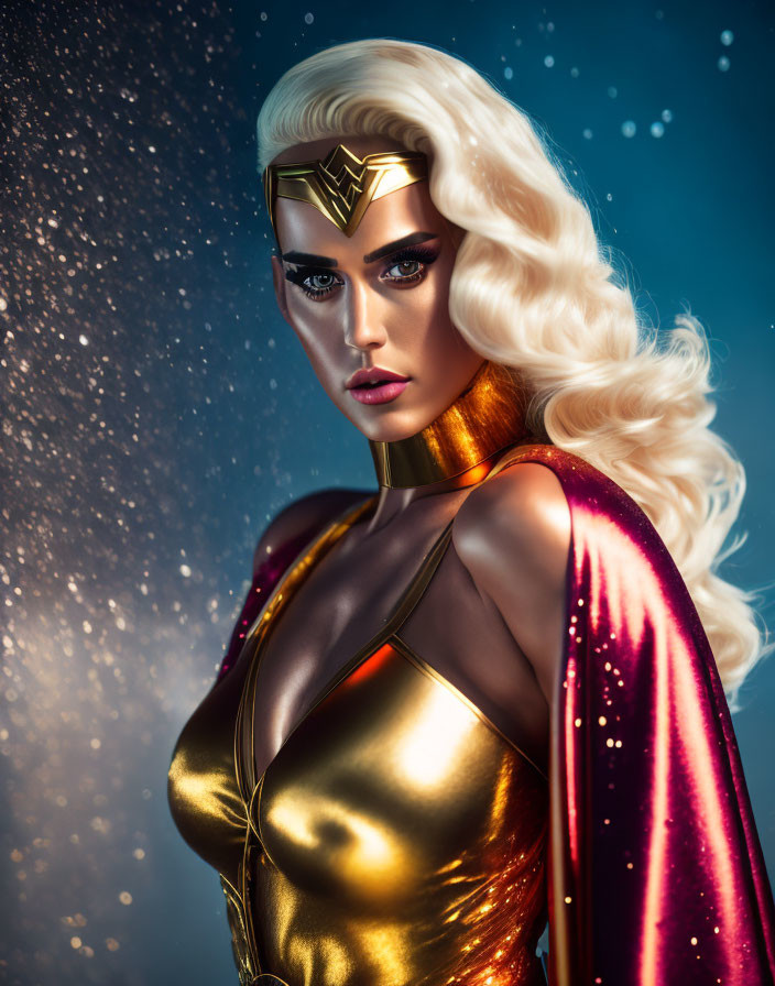 Vivid portrayal of a woman as Wonder Woman with blue eyes and golden tiara