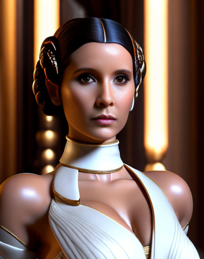 Digital portrait of woman with double-bun hairstyle in white futuristic attire against vertical lights.