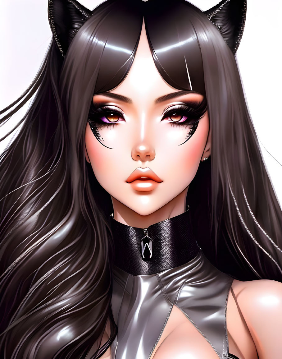 Digital illustration: Girl with cat ears, winged eyeliner, choker, dark hair