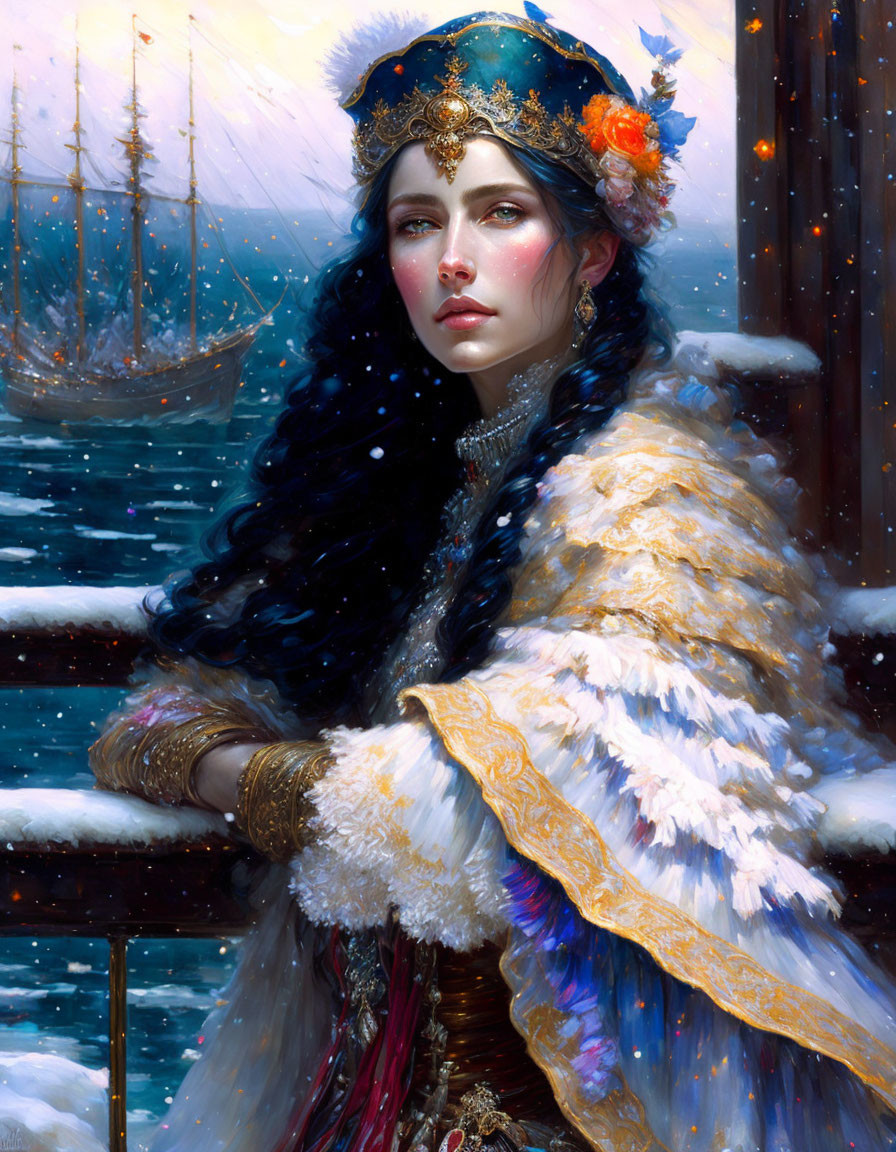 Dark-haired woman in fur-trimmed coat near ship in snowy setting