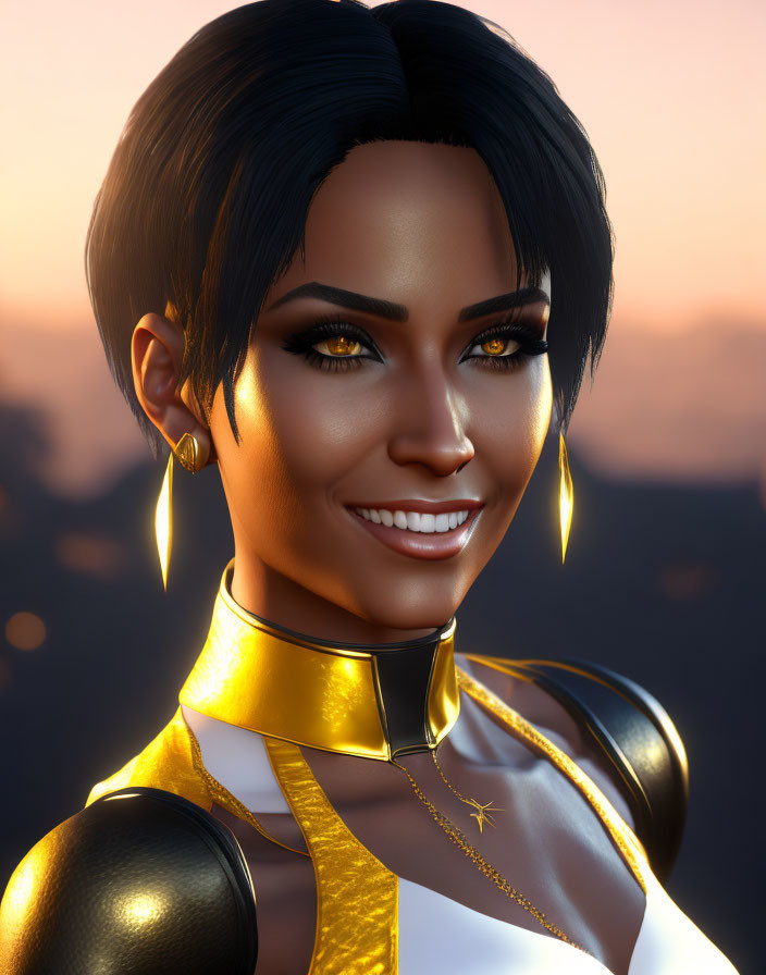 3D illustration of smiling woman in futuristic white and gold outfit