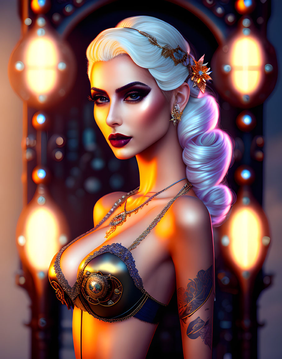 White-Haired Woman with Tattoos and Golden Jewelry in Futuristic Setting