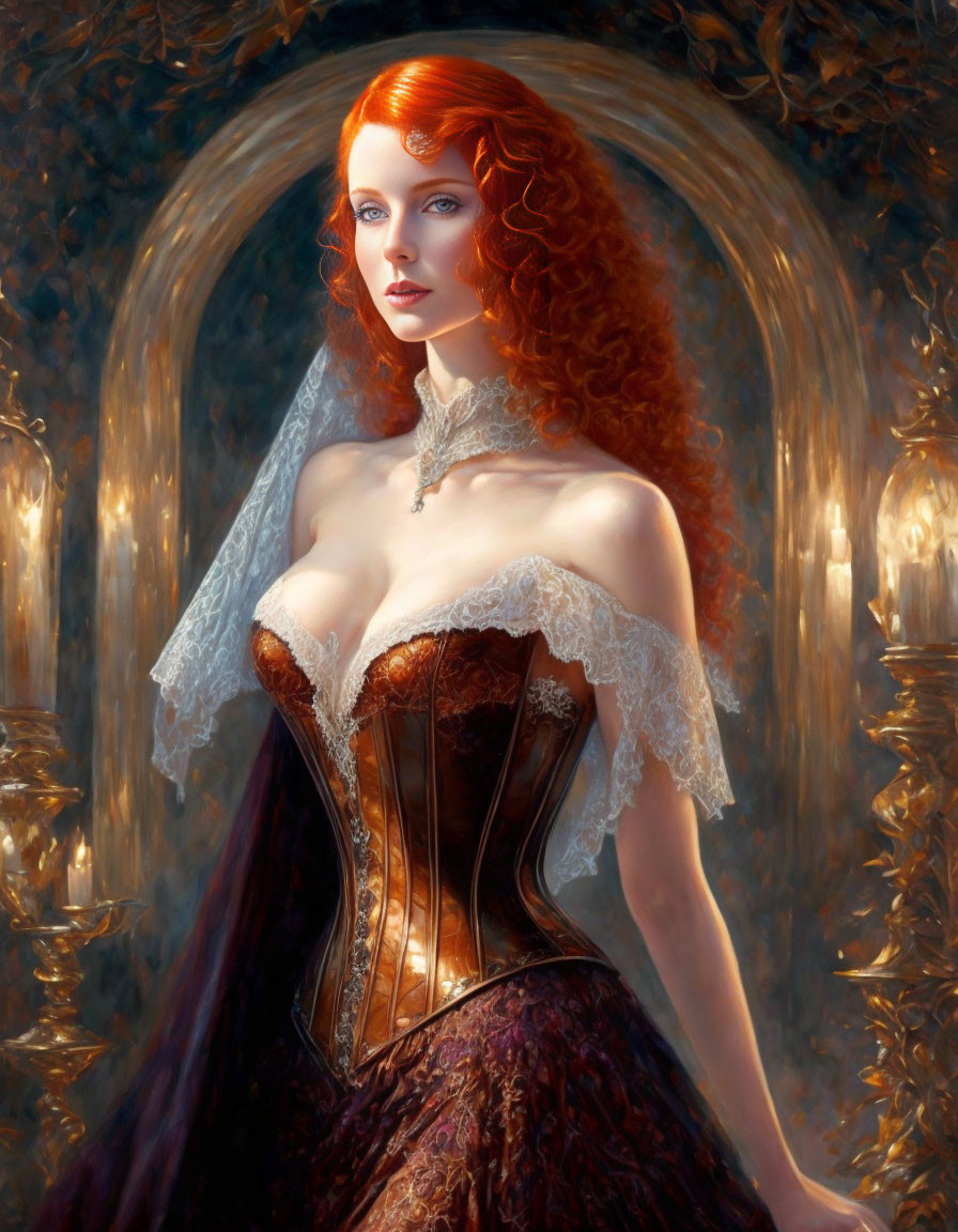 Digital Artwork: Red-haired Woman in Corset and Skirt Before Glowing Archway