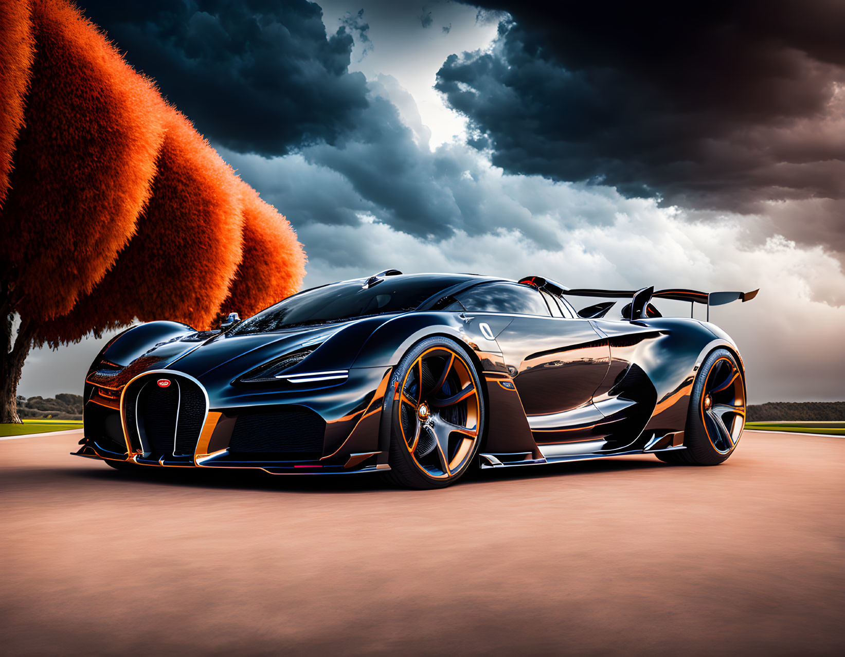 Luxurious Bugatti Chiron with black and orange design on asphalt road, surrounded by dramatic scenery.