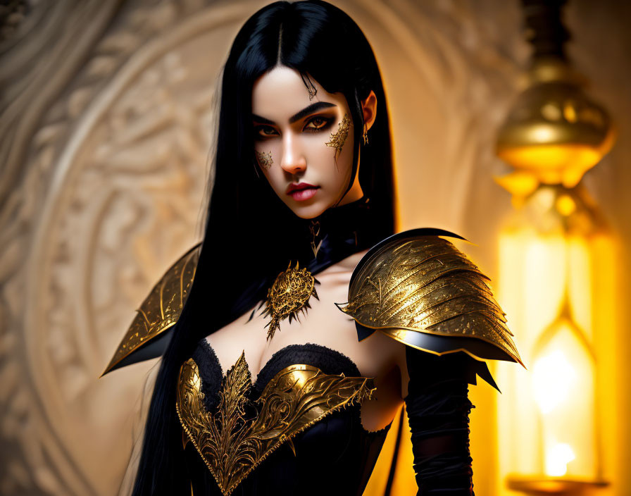 Dark-haired woman in gold and black armor with intricate shoulder pads and lantern background.