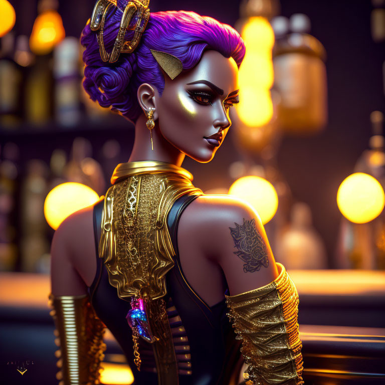 Stylized 3D illustration of woman with purple hair, golden arm attire, tattoos, against