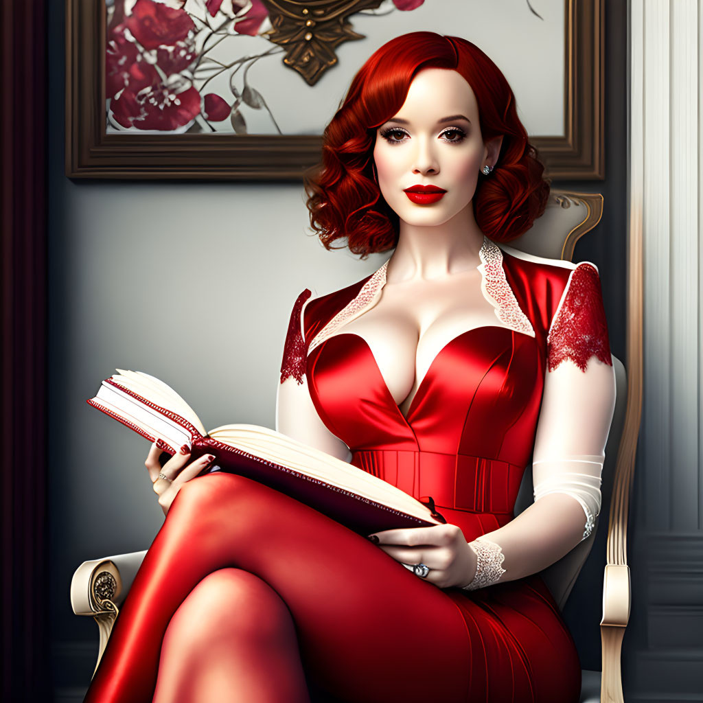 Illustration of woman in red dress with plunging neckline holding open book