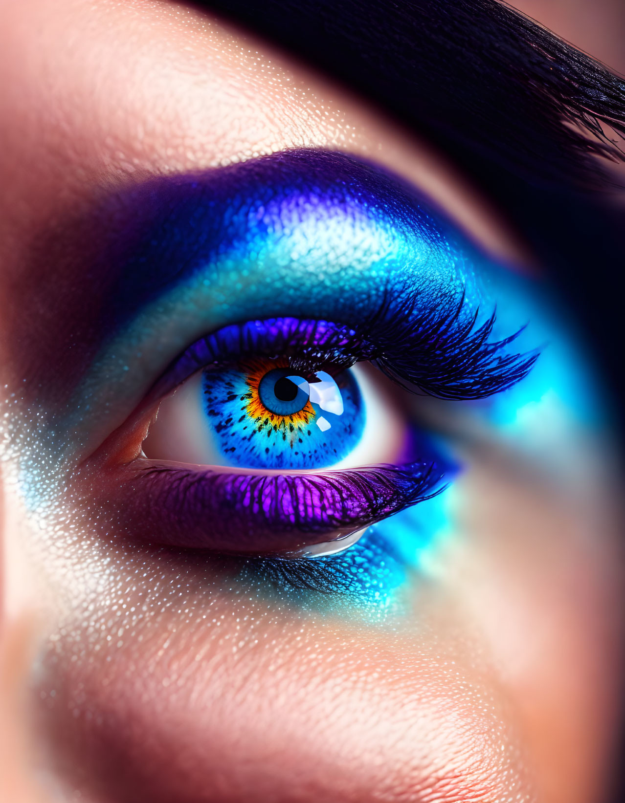 Detailed Close-Up of Vibrant Blue and Purple Eye Makeup