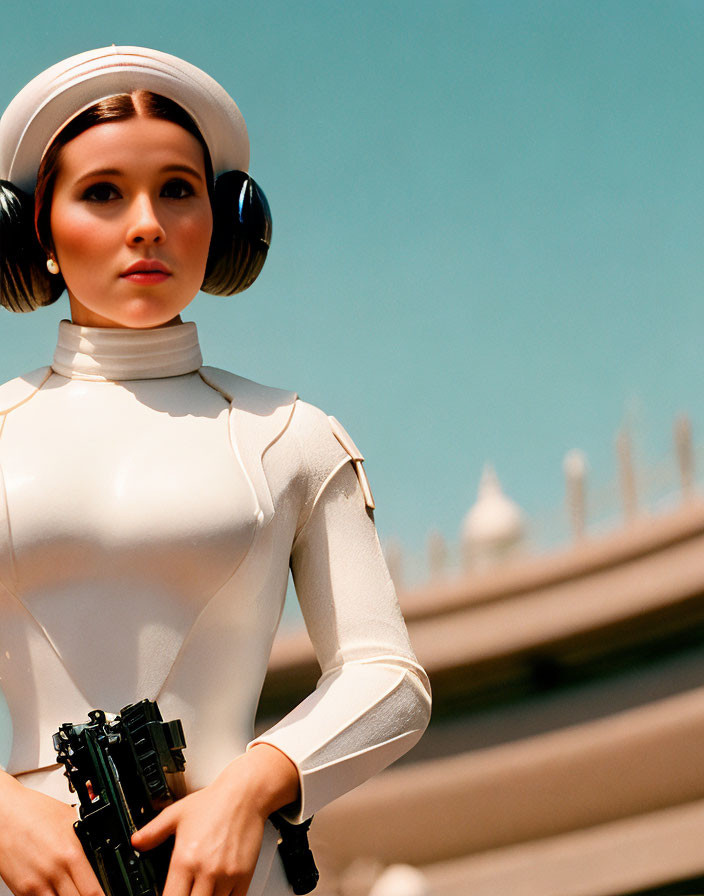 Female action figure in white outfit and helmet with blaster, against blue sky and creamy structure.