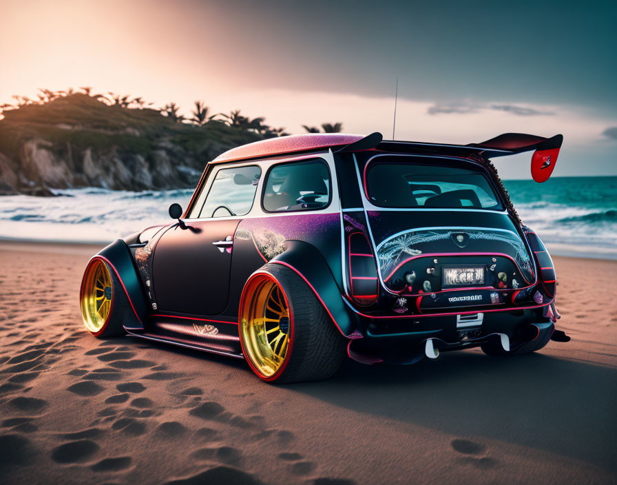 Wide-body kit Mini Cooper with colorful paint on beach at sunset