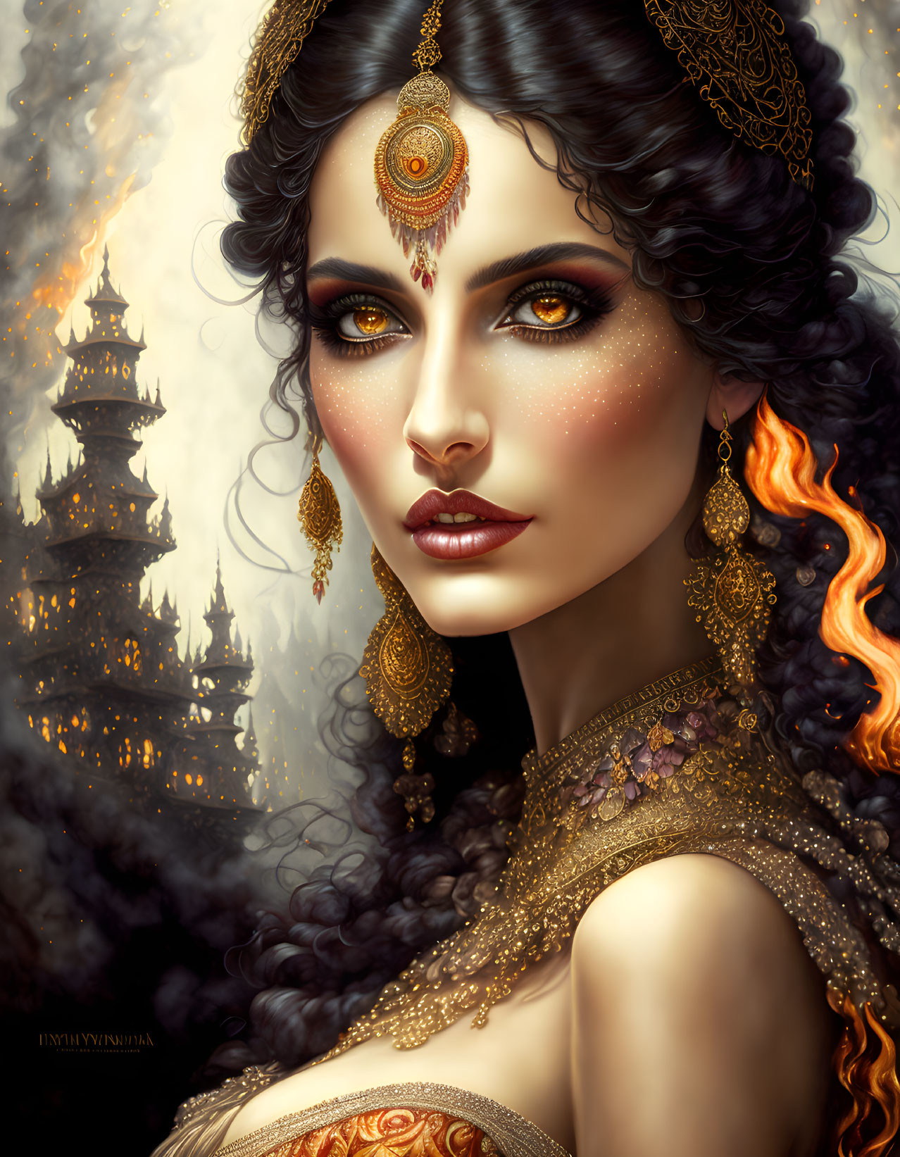 Portrait of woman with gold jewelry, fiery hair, smoky eyes, and burning castle backdrop