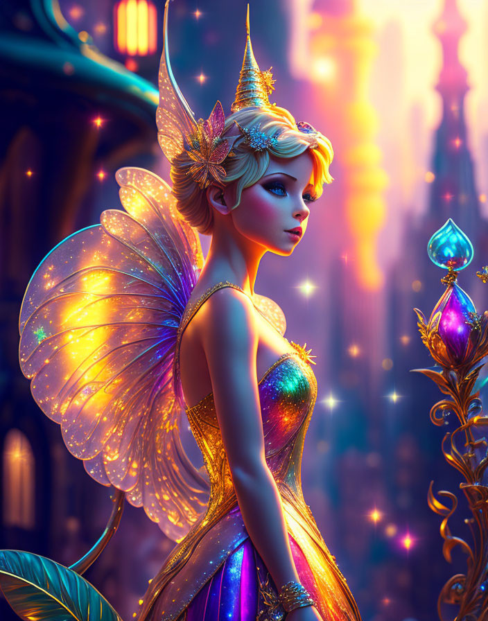 Winged fairy with golden hair in front of magical cityscape at twilight