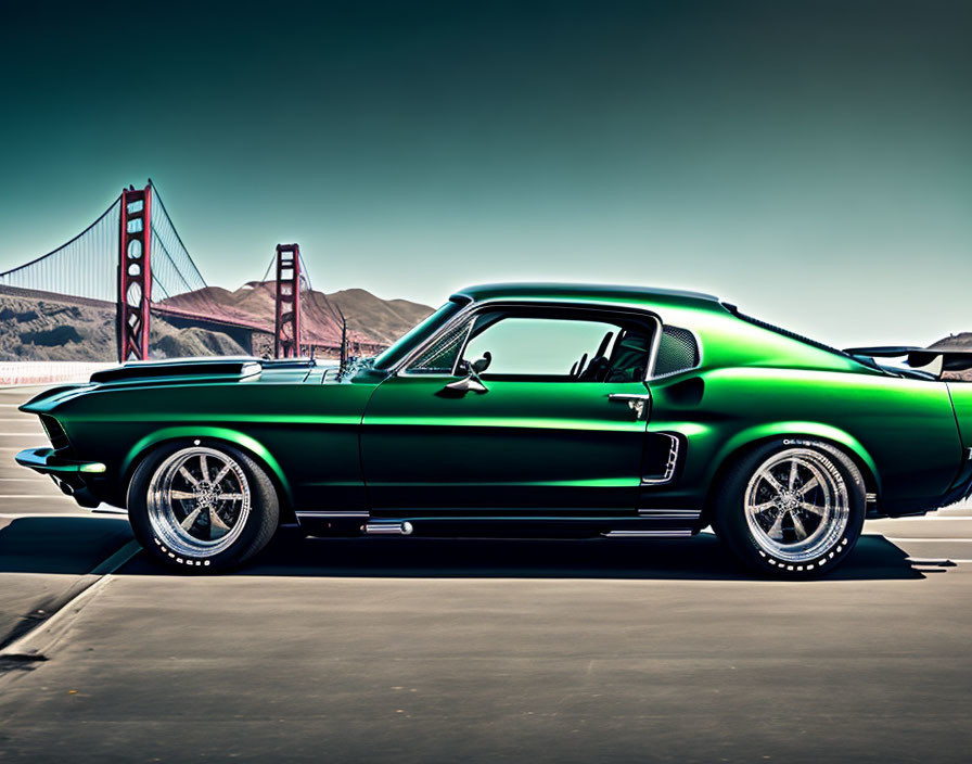 Green Muscle Car with Chrome Wheels and Golden Gate Bridge Background