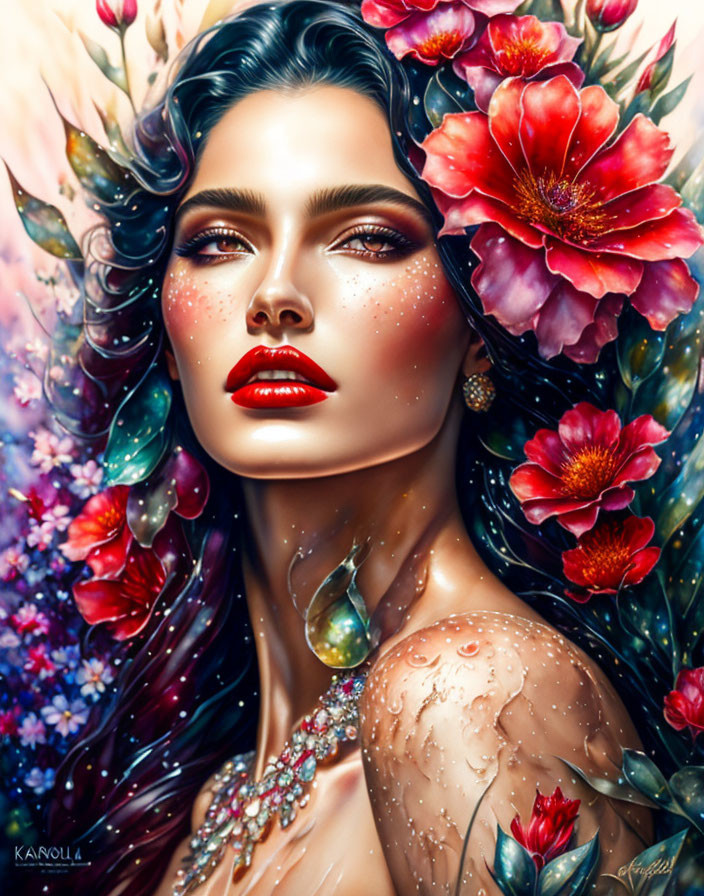 Digital art portrait of woman with floral hair and gemstones on floral background