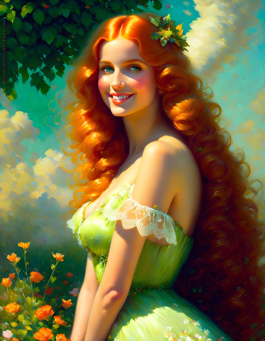 Smiling woman with red wavy hair in green dress and floral backdrop