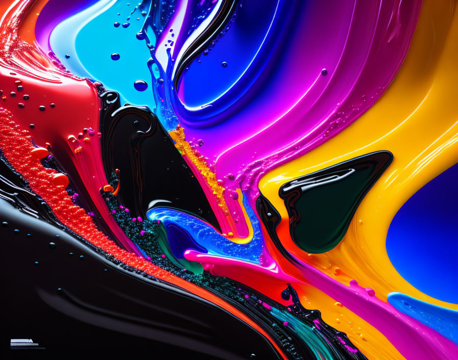 Colorful Abstract Image with Swirling Liquids in Blue, Red, Yellow, Pink, and Black