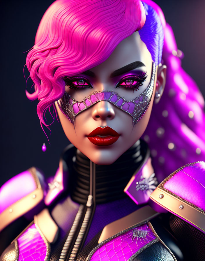 Digital Artwork: Woman with Pink Hair in Futuristic Purple Armor and Metallic Mask