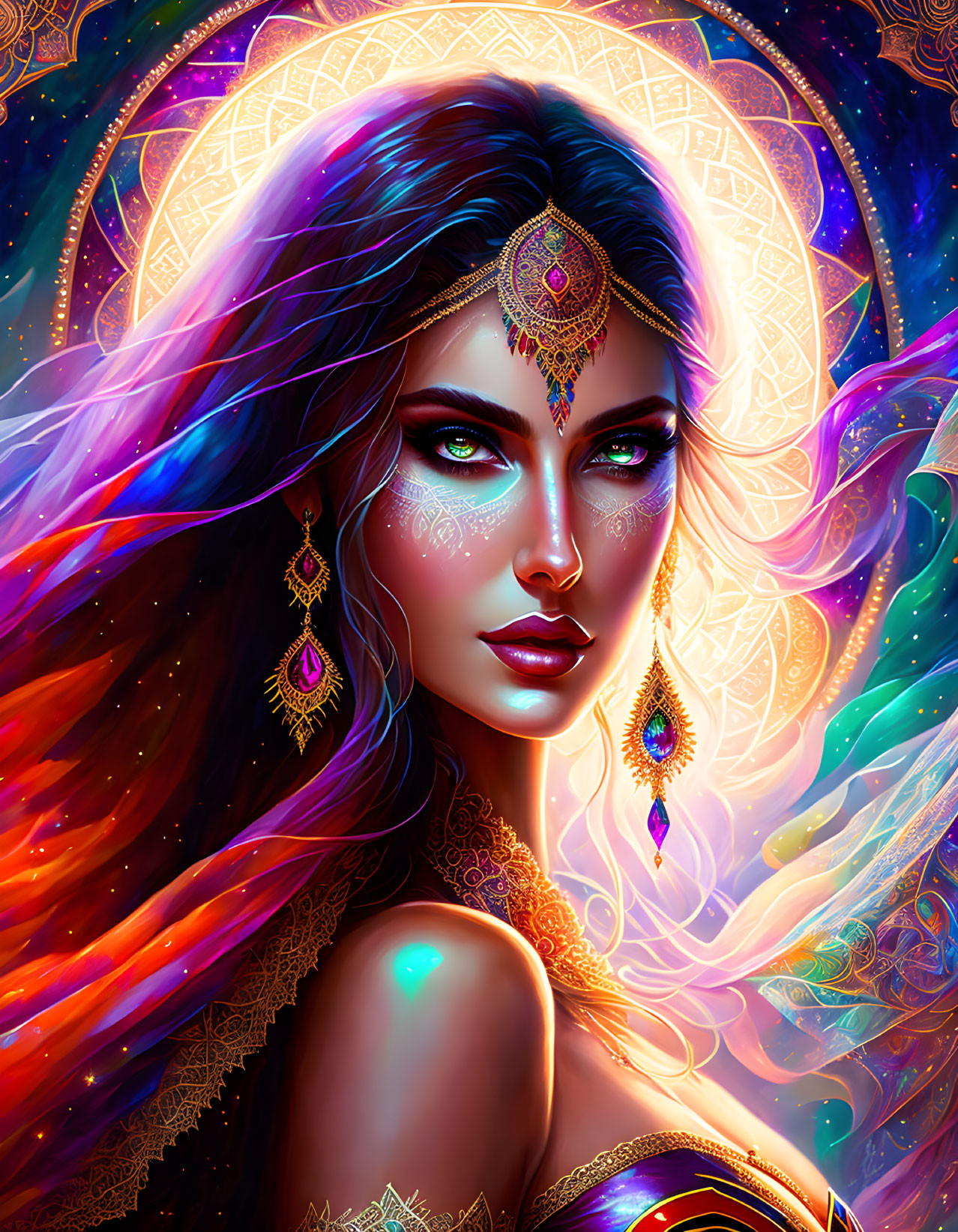 Colorful digital artwork of a woman with multicolored hair and cosmic backdrop