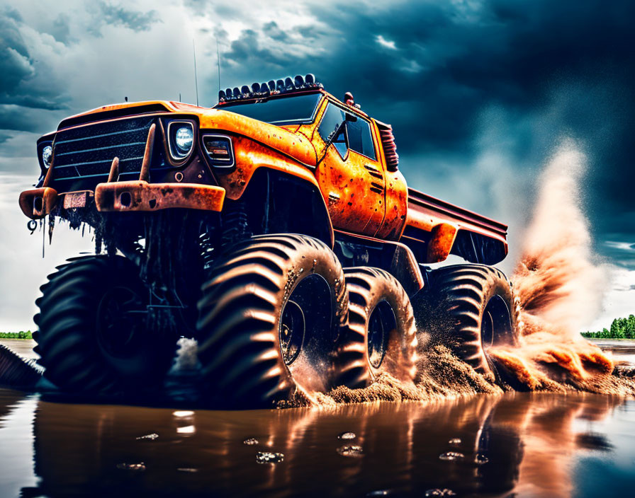 Orange Monster Truck Splashing Mud in Stormy Sky