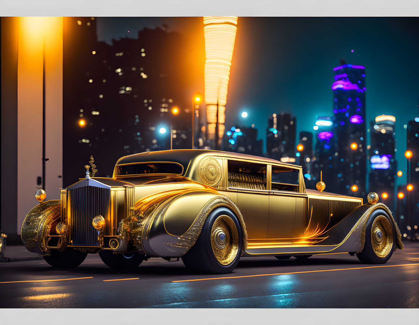 Vintage Golden Car Parked at Night on City Street with Neon Lights