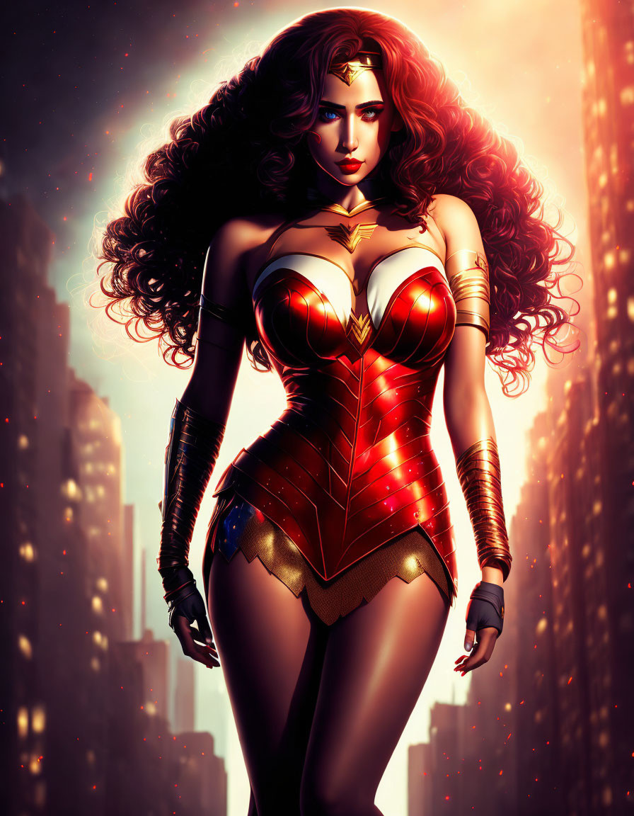 Fierce female superhero with long wavy hair in red and gold costume in cityscape at sunset