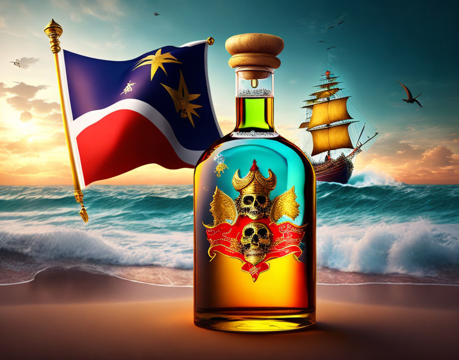 Colorful pirate-themed bottle with skull and crossbones on beach, pirate flag, and distant ship.