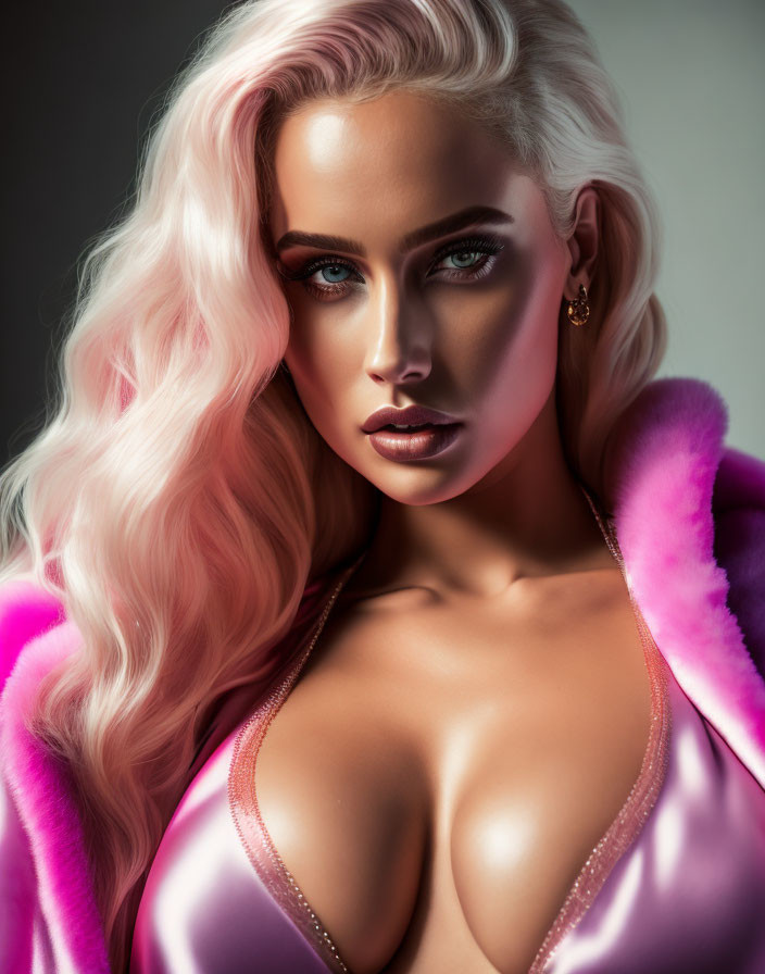 Pink-haired woman in dramatic makeup and satin outfit with pink fur coat.